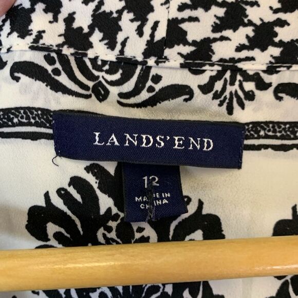 Lands’ End Black White Houndstooth Floral Tie Neck Button Front LS Tunic Sz 12 - Picture 9 of 16